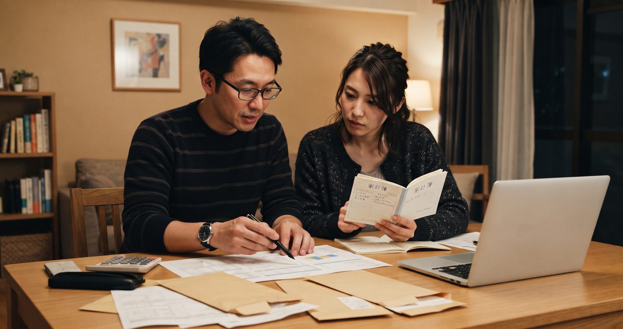男性が眼鏡をかけてペンで書類を指し示しながら、女性が家計簿ノートを手に住宅ローンや固定費見直しの項目を確認している様子。テーブルには請求書の封筒や無地のノートパソコン、電卓が広げられている