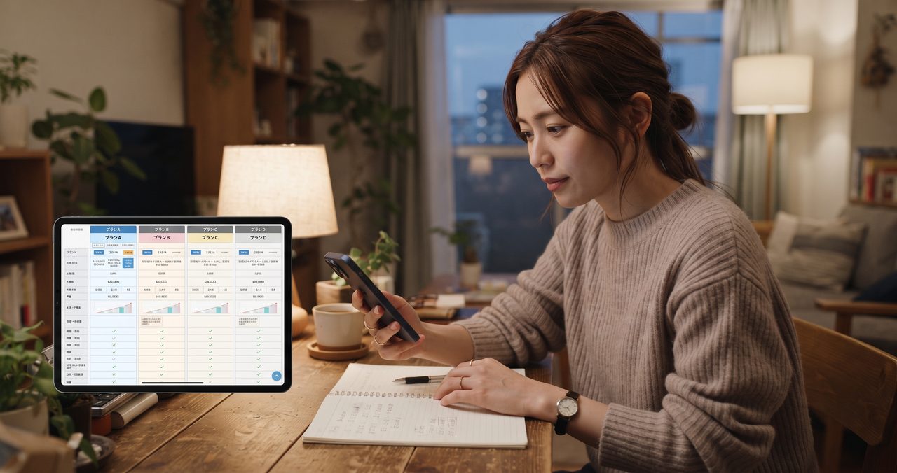 スマートフォンの画面で複数の格安SIM・オンライン専用プランの料金比較ページを並べて見比べながら検討している様子