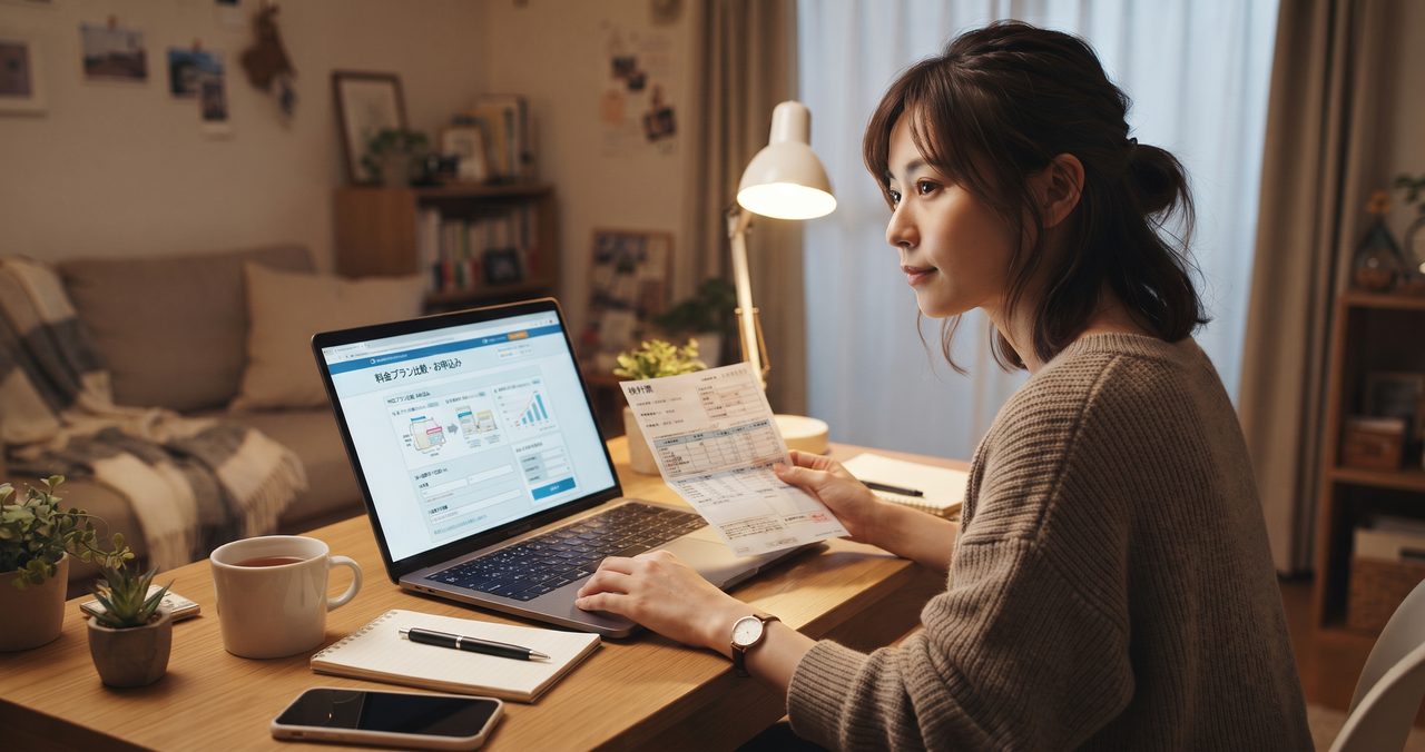 ノートパソコンで新電力会社の申し込みフォームに検針票の情報を入力しながら料金プランを比較検討している様子