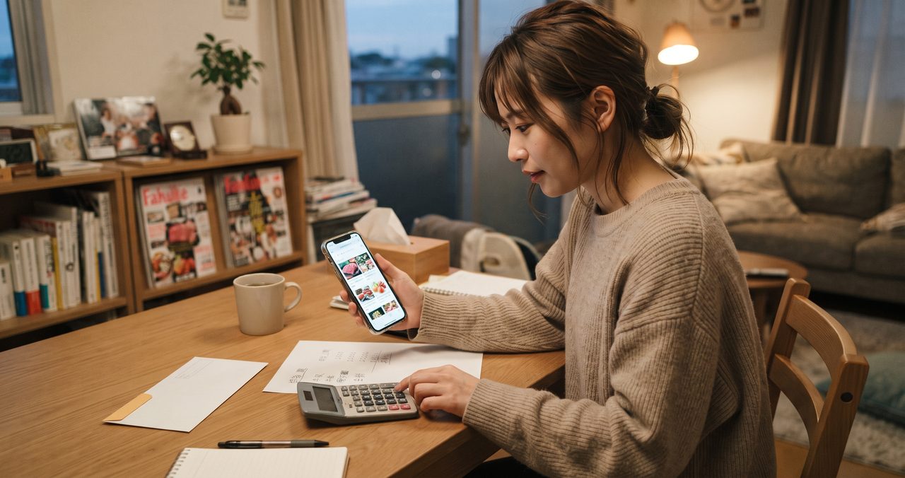 ふるさと納税サイトの返礼品カタログをスマートフォンで見ながら、電卓で寄付金額と控除上限額を計算している様子