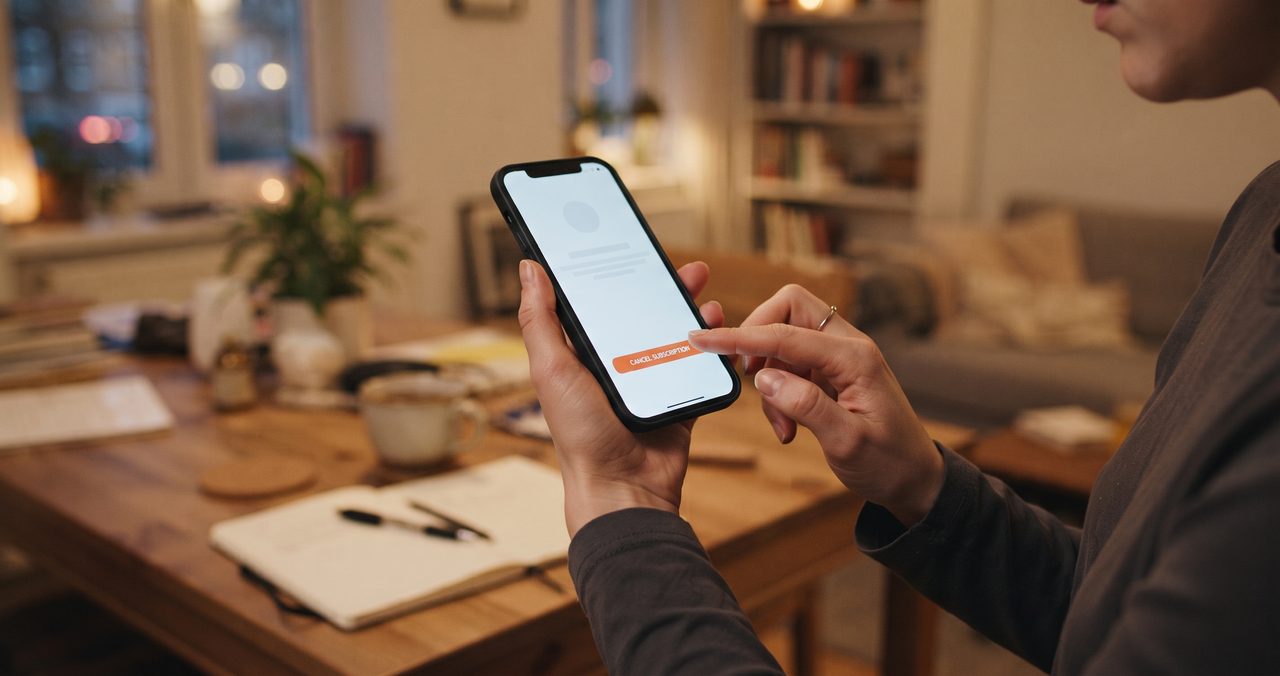 スマートフォンでサブスクリプションサービスの解約手続き画面を開き、解約ボタンを押す直前で手を止めている様子