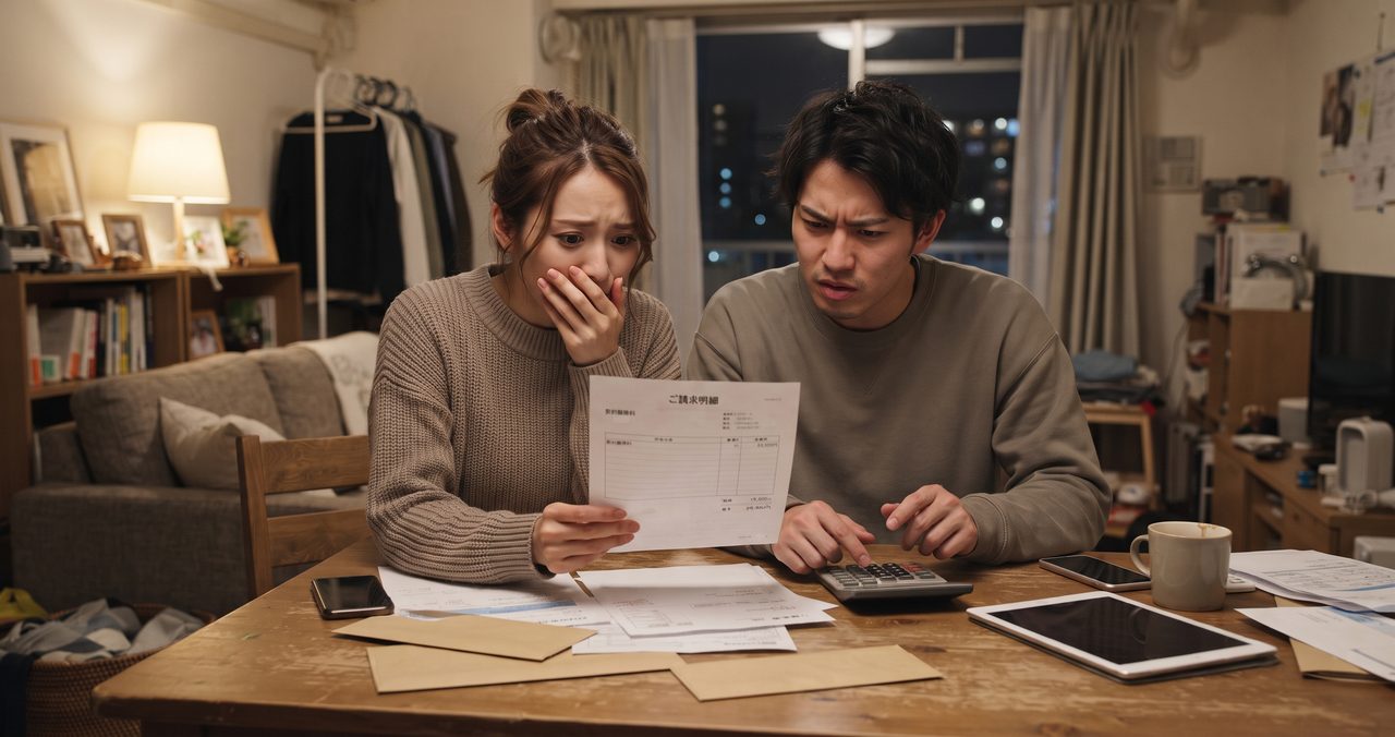 電力会社の解約通知書を見て、想定していなかった違約金の記載に驚いている様子
