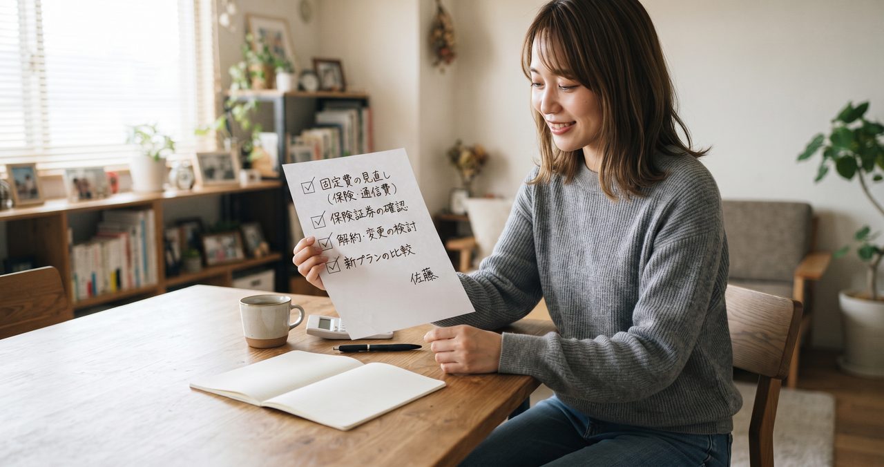 手書きのチェックリストのすべての項目にチェックが入り、一息ついている様子
