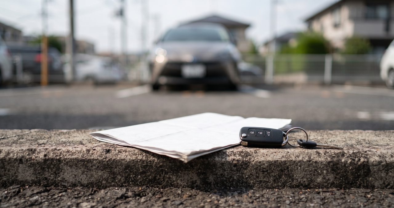 車のキーと書類、背景に車