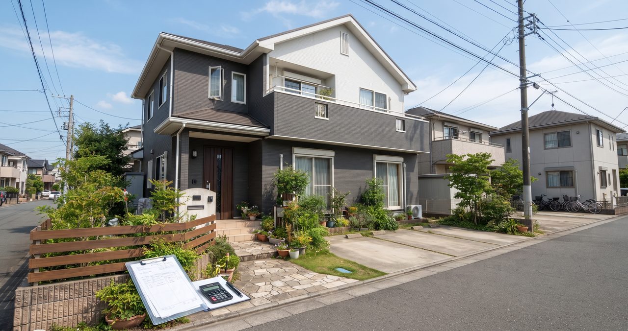 日本の郊外にある二階建ての戸建て住宅の外観を道路からやや引いた位置で撮影した様子、手前に電卓と書類ファイルが小さく置かれている