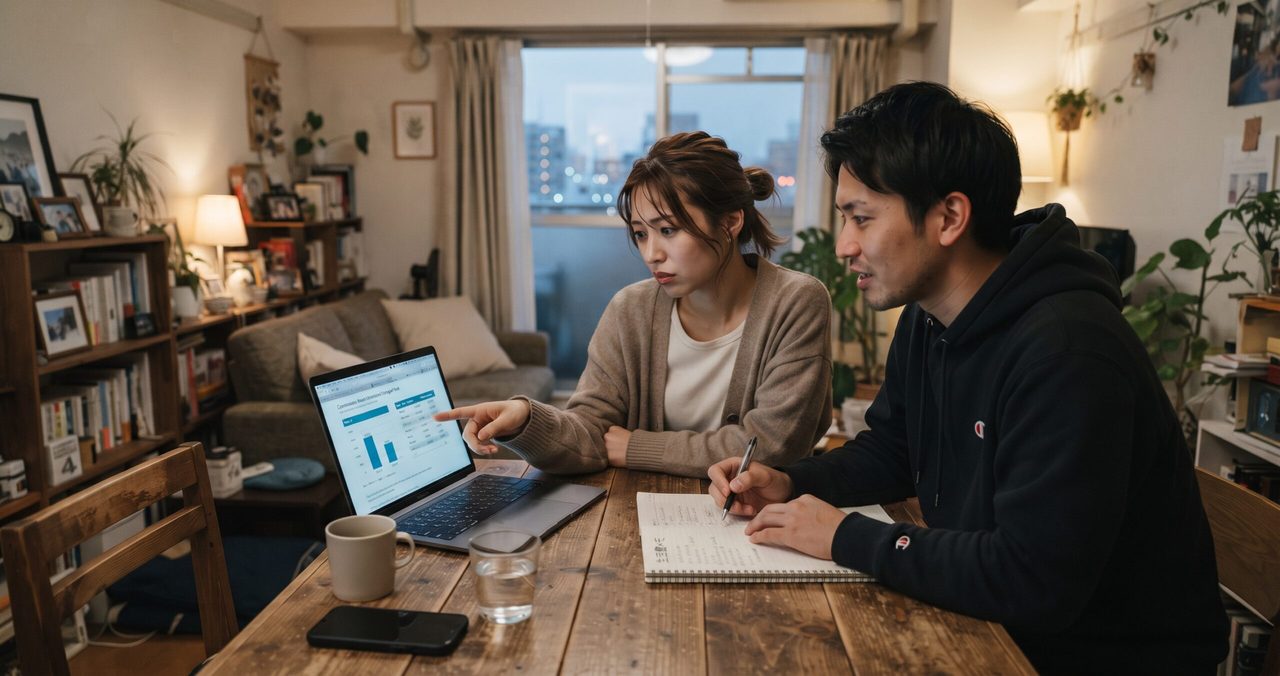 夜のリビングで、ノートパソコンに表示された比較グラフを見ながらノートにメモを取りつつ話し合う夫婦