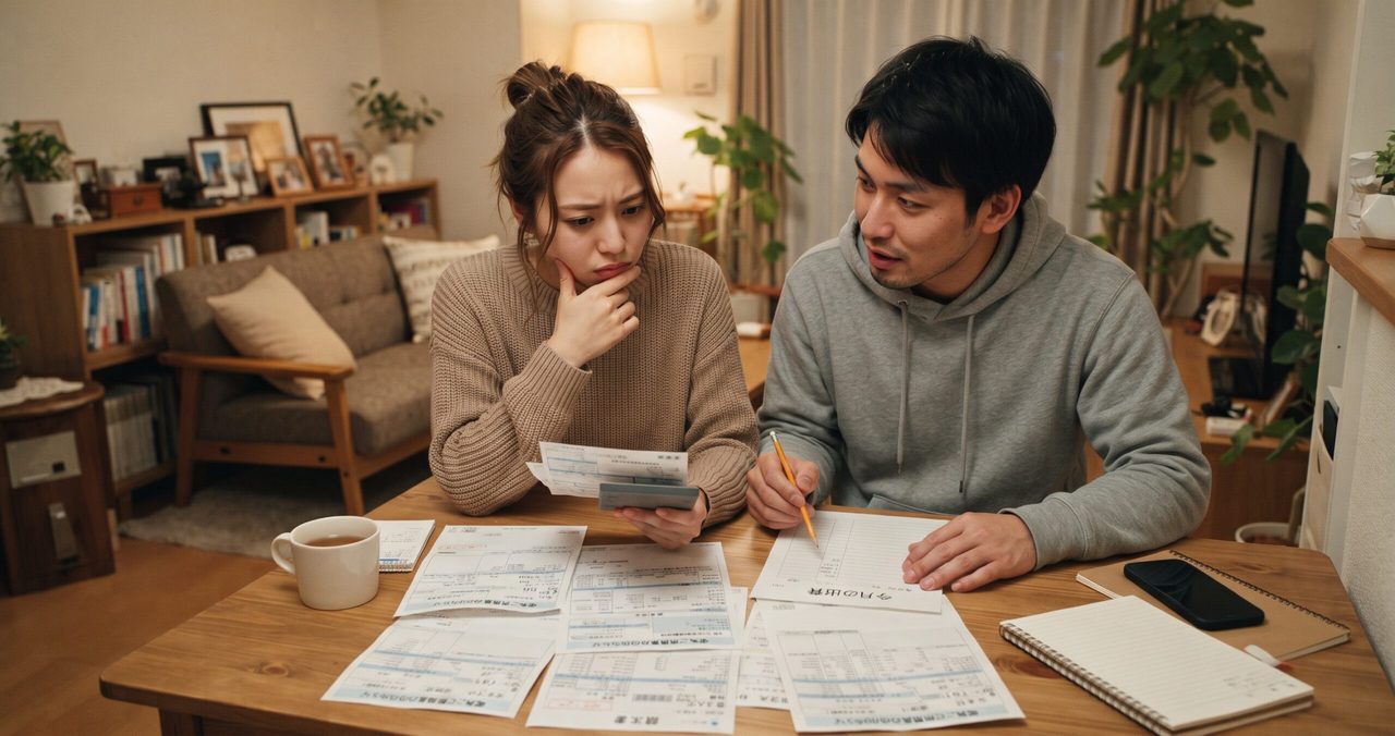 夫婦が電気とガスの請求書を並べて電卓で計算しながら、心配そうな表情で使用量を確認している様子