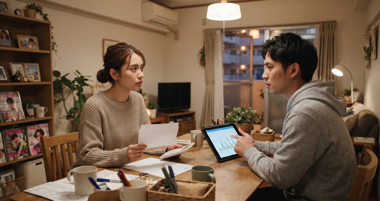 リビングのテーブルでタブレットに表示された電気使用量のグラフを見ながら、夫婦が契約内容について話し合っている様子