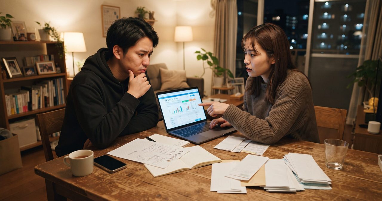 夜、ノートパソコンに表示されたシミュレーション画面と検針票を見比べながら思案する夫婦