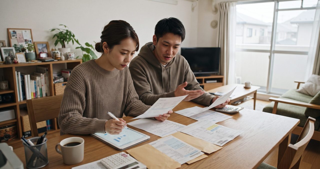 夫婦が複数枚の請求書とタブレットの使用量グラフを見比べながら、セット割引の内容を確認している様子