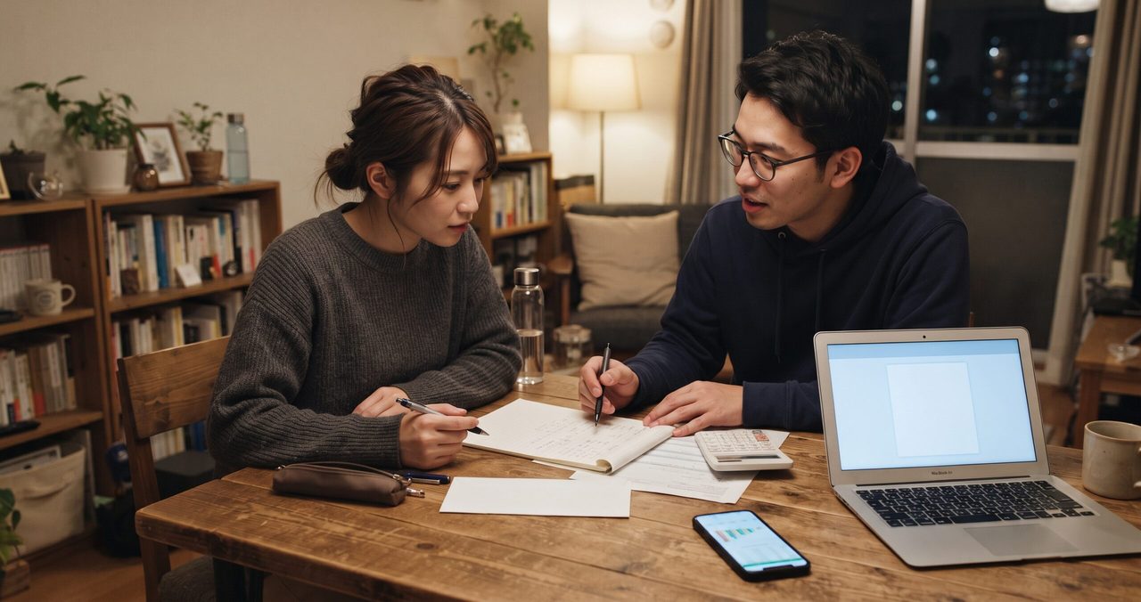 夜、ノートパソコンや電卓を使いながら、夫婦がノートに電力プランの種類を書き出して整理している様子