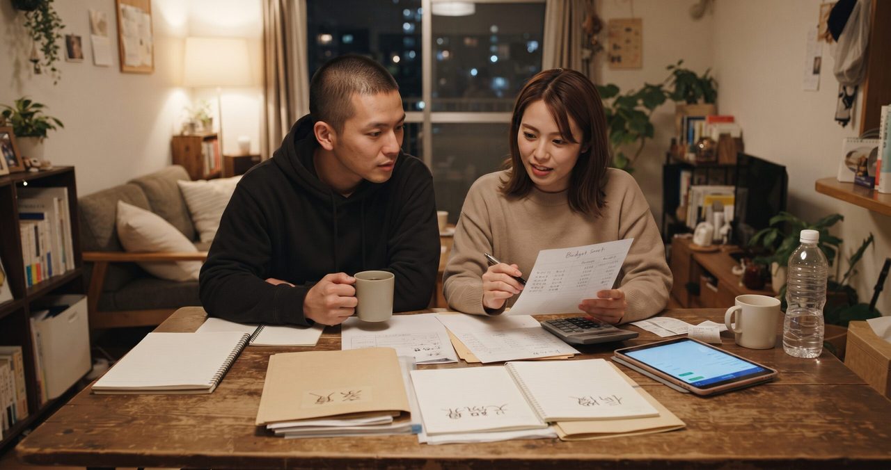 「契約書」と書かれたファイルとタブレットの資料を前に、夫婦が賃貸契約の条件を確認している様子