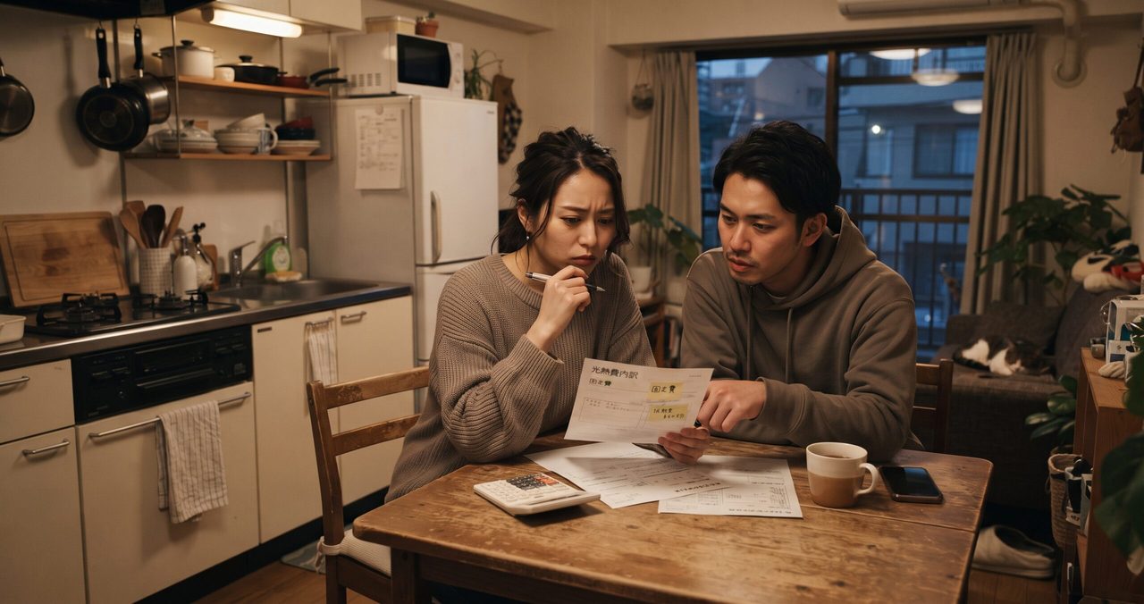 ガスコンロのあるキッチンで、夫婦が「光熱費内訳」と書かれた紙を見ながら電気代とガス代を確認している様子