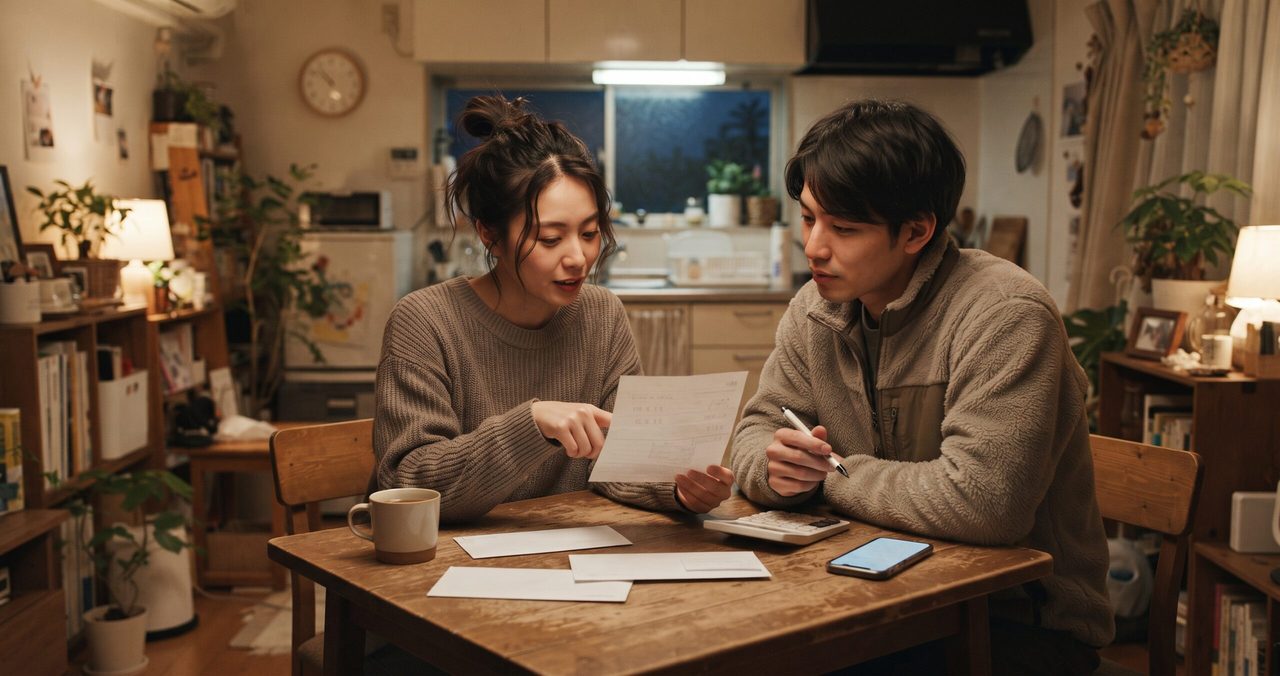ガス台のないオール電化のキッチンを背景に、夫婦が検針票を見ながら電気料金について話し合っている様子