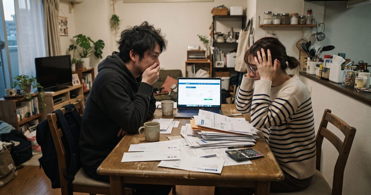 テーブルに積み重なった請求書の束を前に、夫婦が頭を抱えながらノートパソコンの画面を見て困惑している様子
