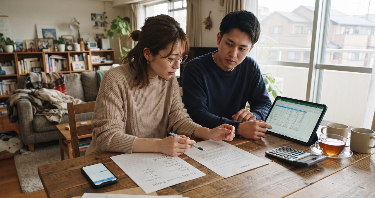 夫婦がタブレットの表計算画面と契約書の条件を見比べながら、契約前のチェック項目を確認している様子