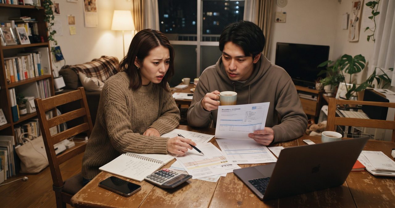 夫婦が驚いた表情で契約書類を見つめ、違約金の記載を確認している様子