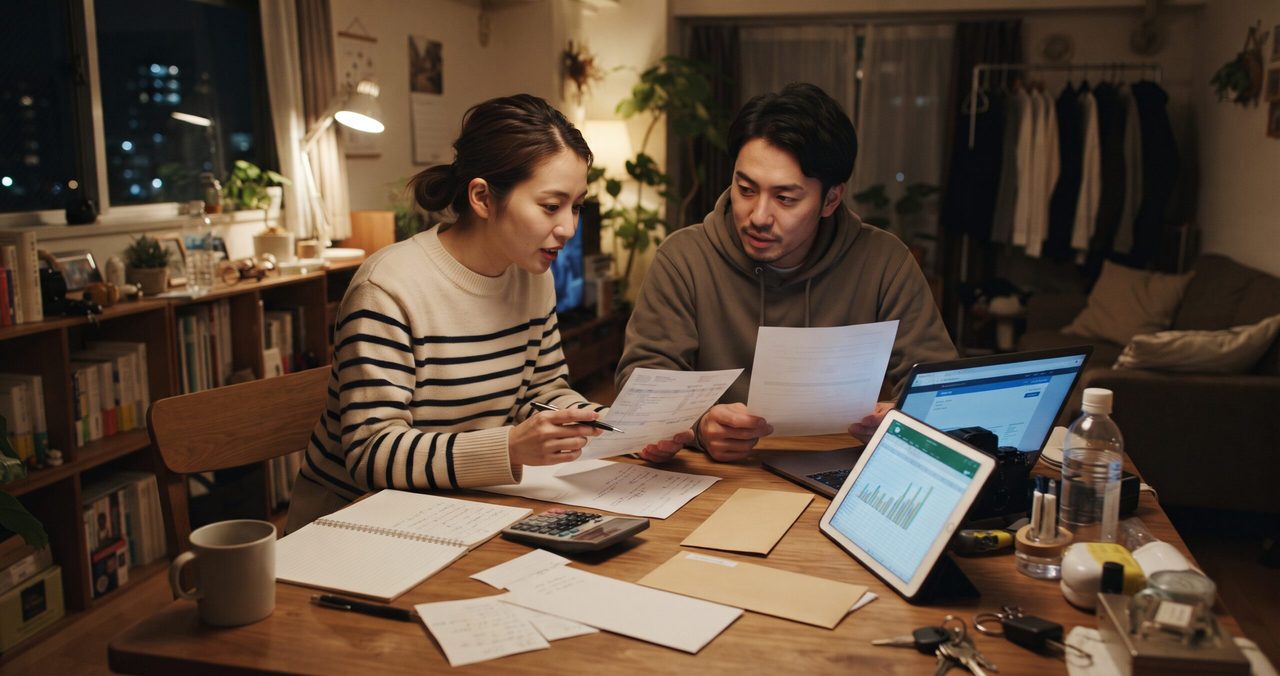 夜、夫婦が検針票とタブレットのグラフを見比べながら他社プランとの比較を検討している様子