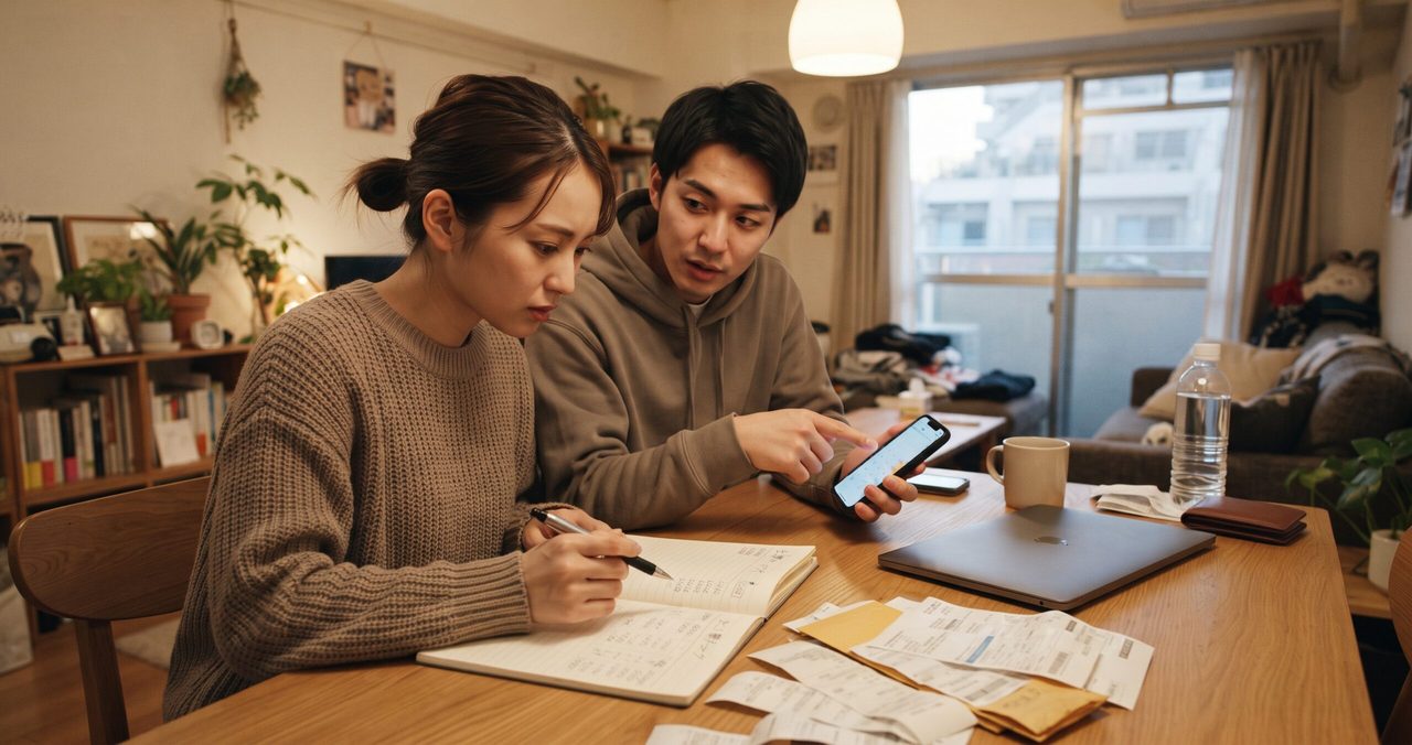 夫婦がスマートフォンの使用量アプリの画面を見ながら、ノートに記入し請求書の束を確認している様子