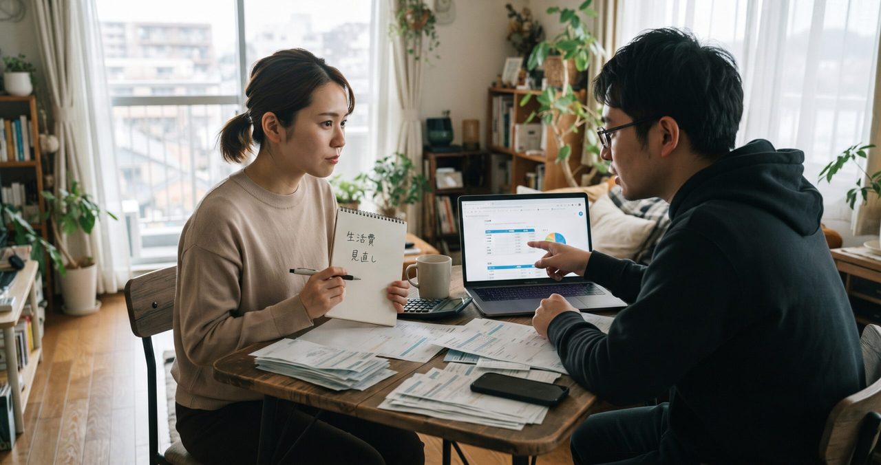 「生活費 見直し」と書かれたノートを見せる女性と、ノートパソコンに表示された円グラフを指差しながら説明する男性が向かい合って話し合う様子