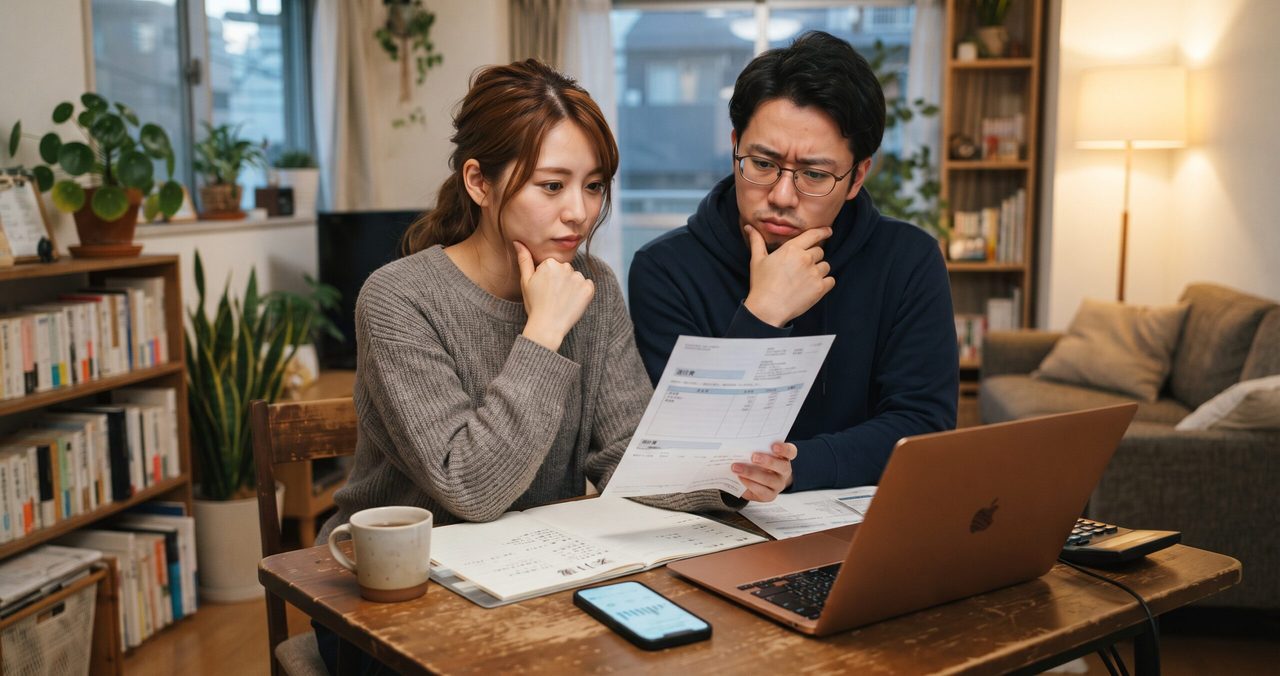 夫婦がリビングで請求書を見ながら、電卓とスマートフォンを手に困った表情で通信費の使用量を確認している様子