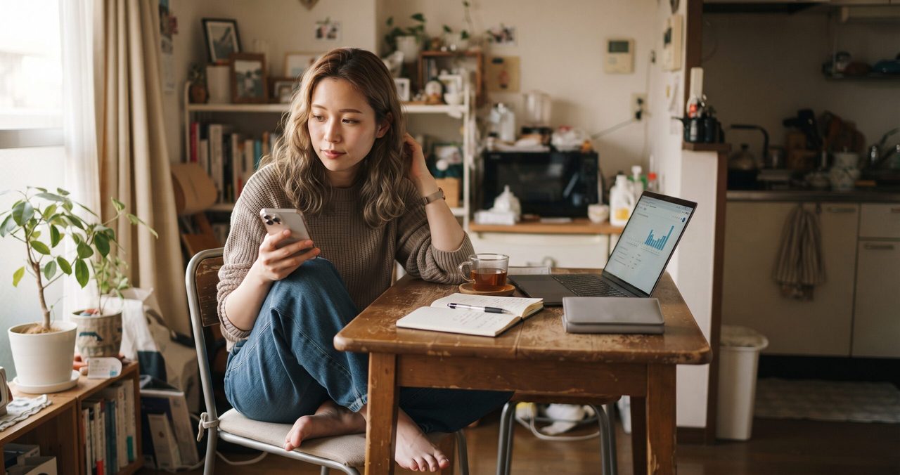 椅子でリラックスした様子でスマートフォンの画面を確認する女性。奥のノートパソコンには使用量のグラフが表示されている