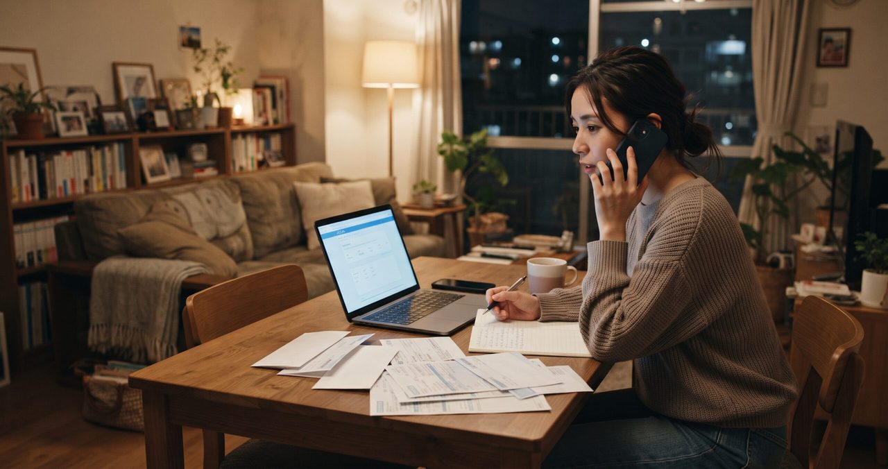 夜、女性がスマートフォンで通話しながらノートにメモを取り、テーブルには複数の請求書とノートパソコンが置かれている様子