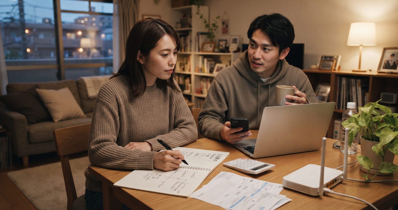 夕方、夫婦がノートに書き込みながら、テーブルに置かれたWi-Fiルーターや請求書を前に新しい光回線の契約時期について話し合っている様子