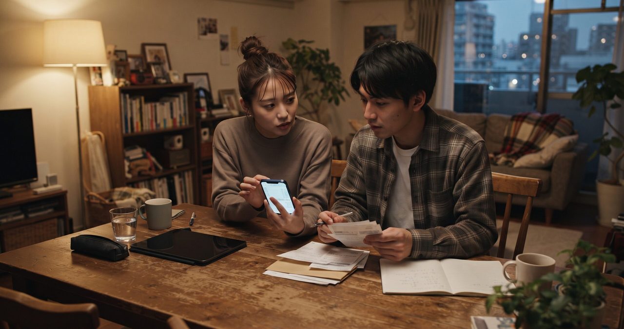 夜、夫婦がスマートフォンの画面と契約書類を見比べながら、セット割を含めた通信費全体について話し合っている様子