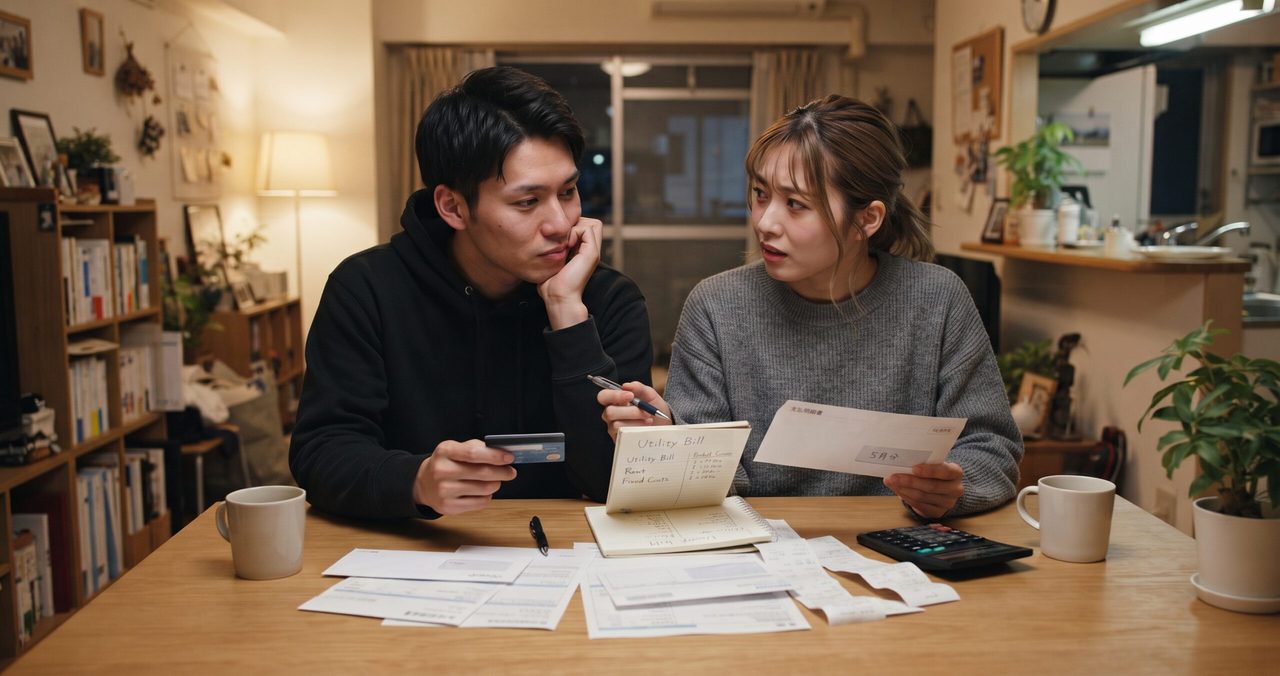 夫婦がクレジットカードと請求書のメモを書いたノートを前に、通信費以外の請求書も並べながら不安げな表情で話し合っている様子