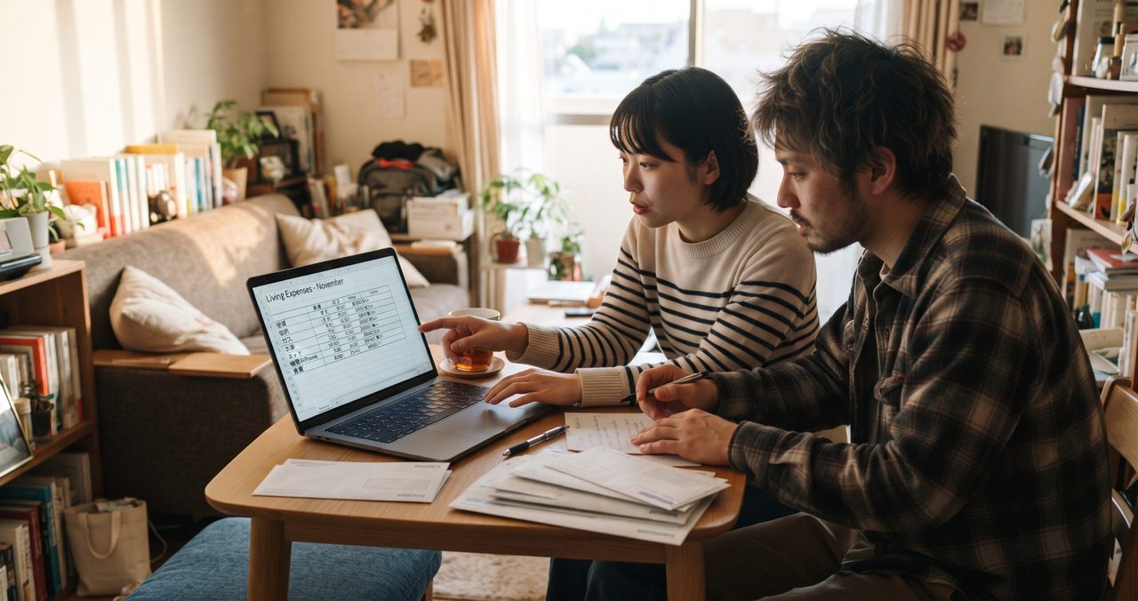夫婦がノートパソコンの家計簿の画面を指差しながら、家族割について確認している様子