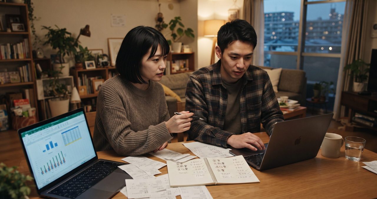 夫婦が2台のノートパソコンとノートに書かれた金額を見比べながら、他社プランとの比較検討をしている様子
