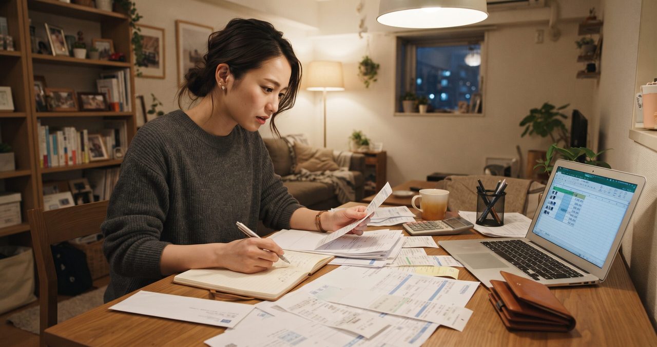 女性が請求書を手に、ノートに記入しながらノートパソコンの表計算画面で通信費の現状を確認している様子