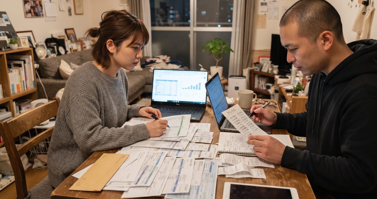 2台のノートパソコンとグラフ入りの資料、書き込まれたメモを並べて、夫婦がサブスクの一覧を突き合わせて確認している様子