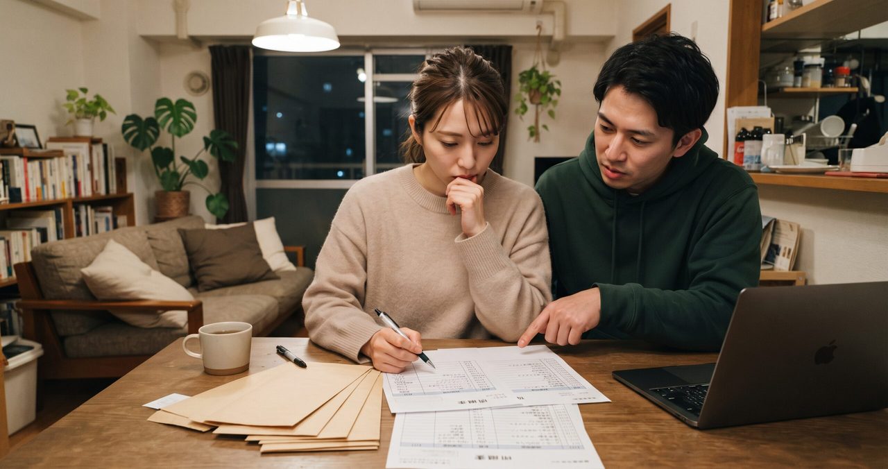 夜のダイニングテーブルで、茶封筒にまとめられたクレジットカードの明細書を見ながら夫婦がペンで契約内容をチェックしている様子