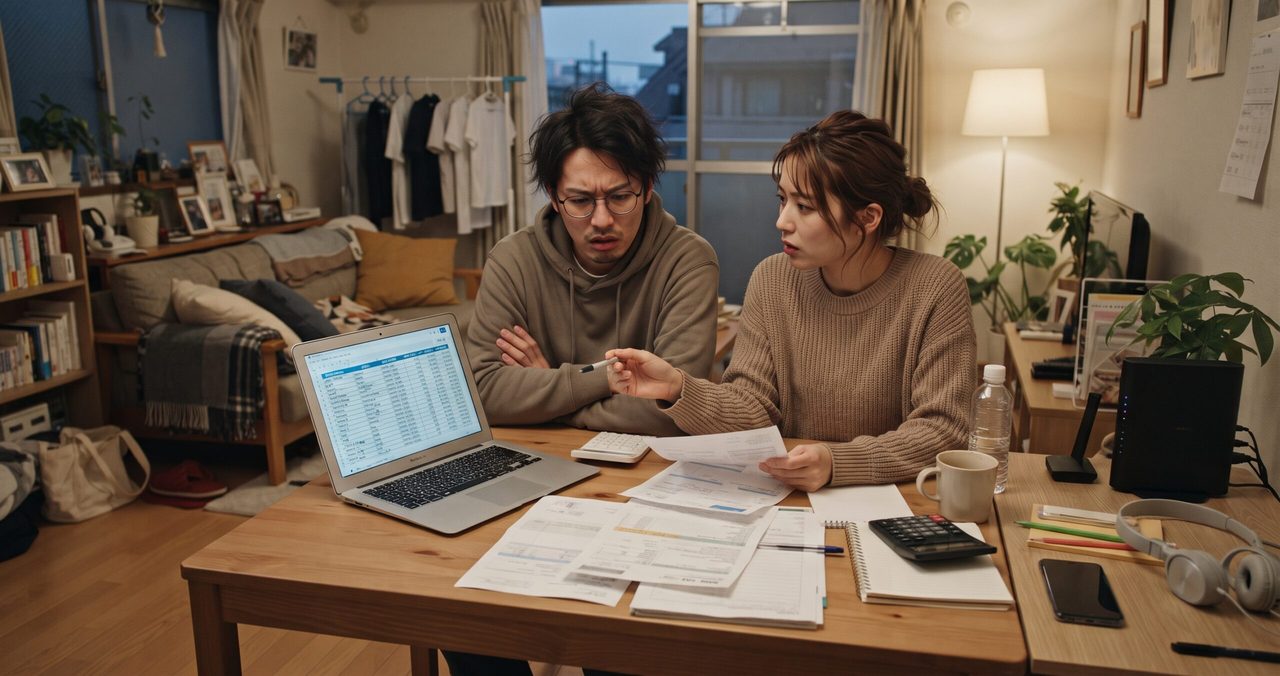 リビングのテーブルでノートパソコンの家計簿画面や明細書を見ながら、夫婦が驚いた表情でサブスクの契約内容を確認している様子