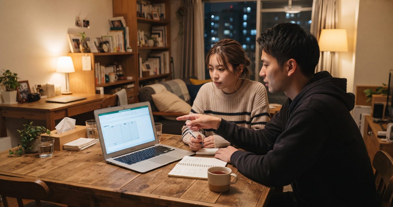 ダイニングテーブルでノートパソコンの表計算画面を指しながら、家族でのプラン共有について相談している夫婦