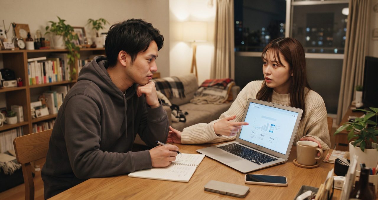 ノートパソコンに表示されたPlan A・B・Cの料金比較グラフを見ながら、プラン変更について話し合う夫婦