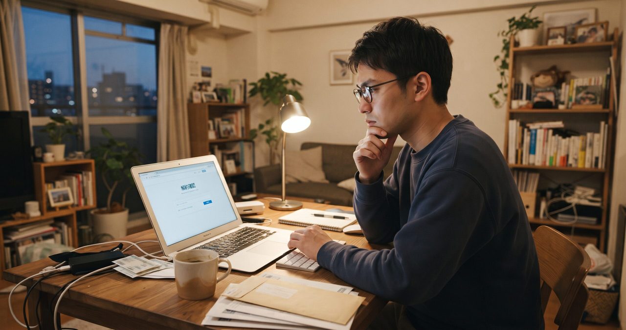 夜、ノートパソコンに表示された解約手続きの画面を見ながら、顎に手を当てて本当に解約してよいか考え込む男性
