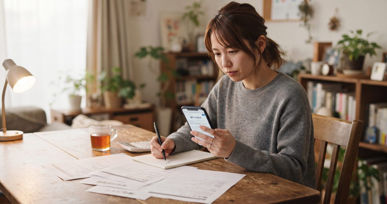 スマートフォンの契約管理アプリの画面を確認しながらノートにメモを取っている女性、テーブルには請求書の明細が広げられている