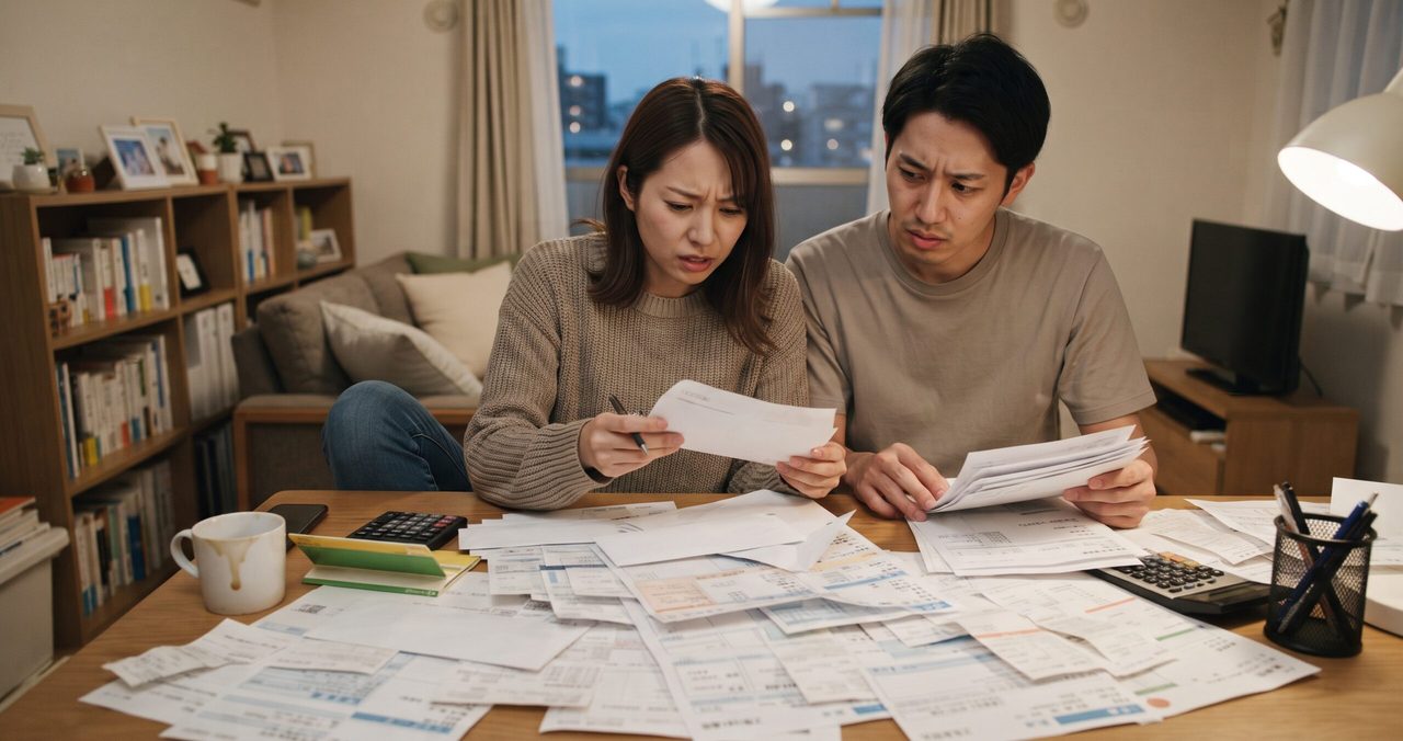 テーブルいっぱいに広がった大量の請求書やレシートを前に、困惑した表情で確認し合う夫婦