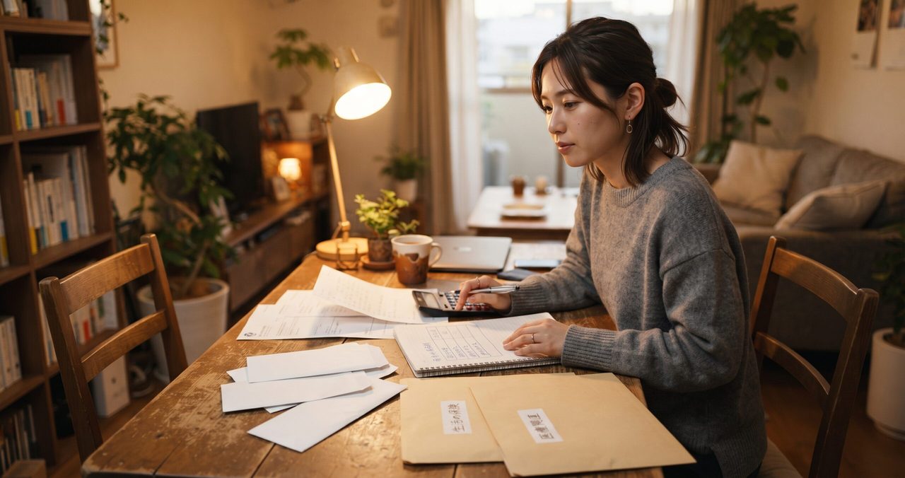 女性が一人でテーブルに向かい、電卓を使いながら保険証券や書類を一覧にまとめている様子。手前には保険会社からの封筒が並んでいる