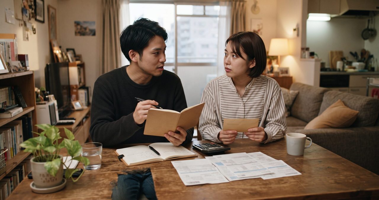 男性がノートを開いてペンで示しながら、加入した保険の目的について隣に座る女性に説明している様子。木製テーブルには家計簿ノートや電卓、封筒が置かれている