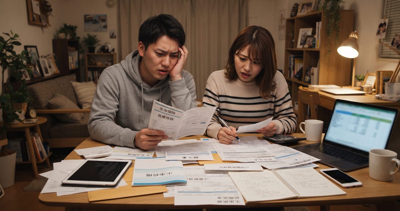 リビングのテーブルで、男性が困った表情でこめかみに手を当てながら「生命保険」「医療保険」と書かれた保険証券を見つめ、隣で女性がペンで書類を指し示している様子。テーブルには請求書やタブレット、ノートパソコンが広がっている