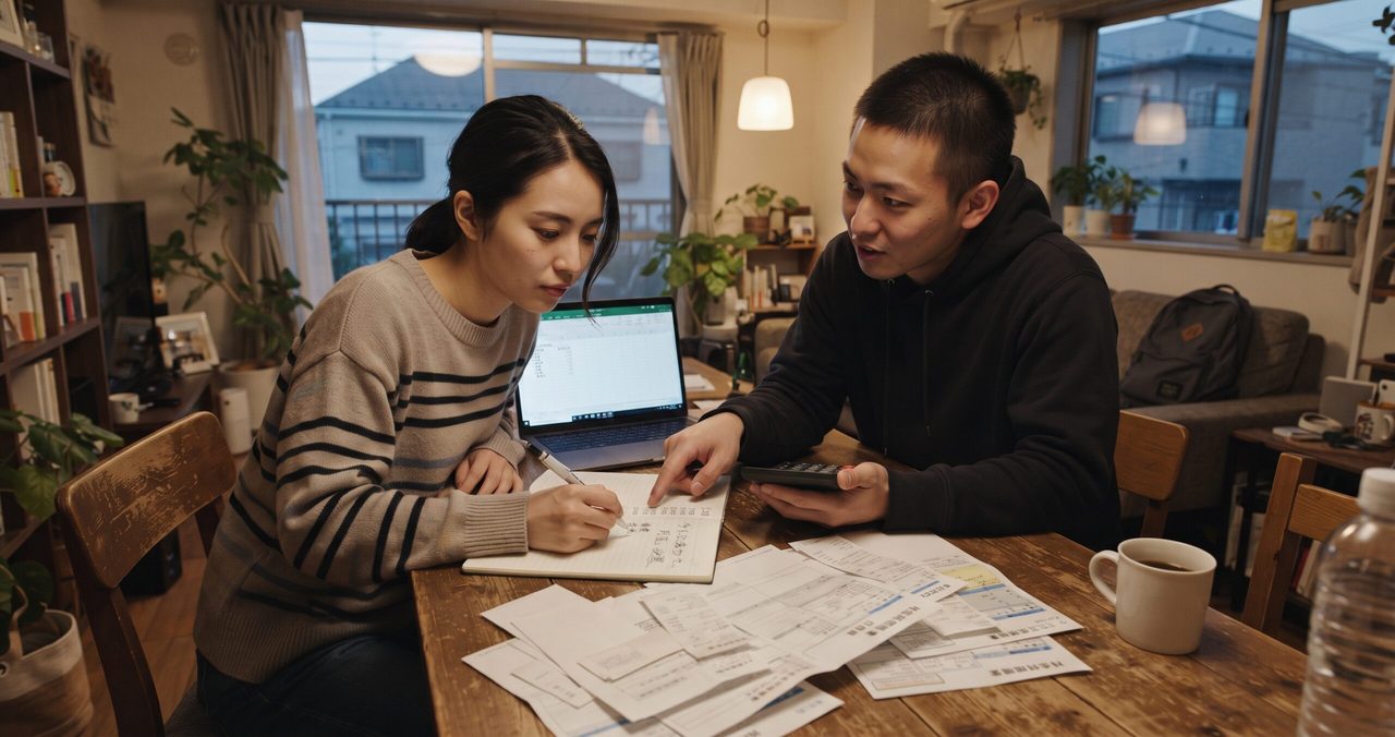 夜、男性が電卓を手にしながらノートを指差し、女性がペンで書き込んでいる様子。テーブルにはノートパソコンの表計算画面と複数の請求書が広げられている