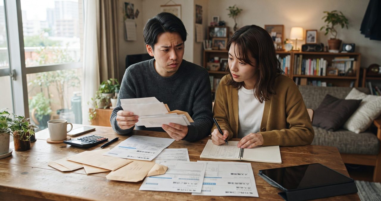 男性が複数の封筒を手に取り、隣で女性がノートに書き込みながら家計の内容を確認している様子。テーブルには電卓やコーヒーカップが並んでいる