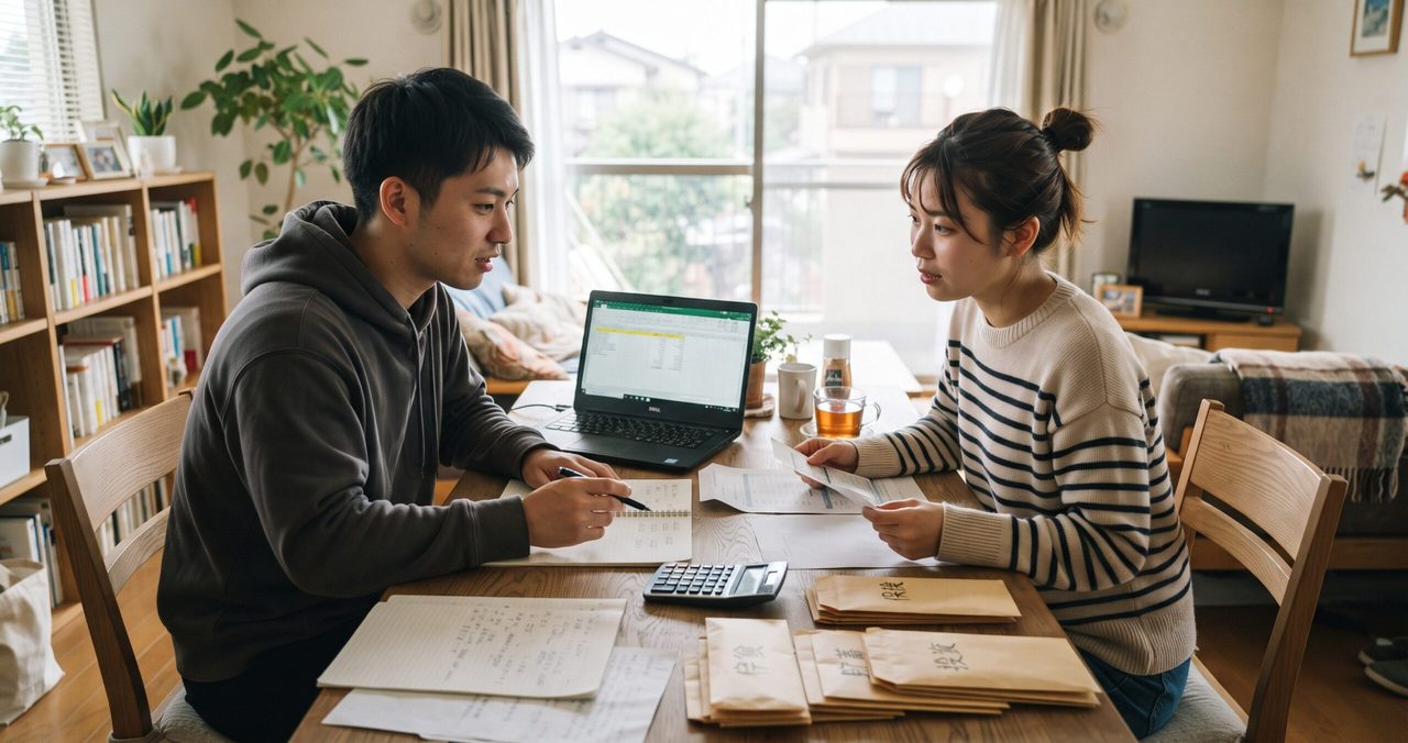 男性と女性が向かい合い、ノートパソコンの表計算画面や手書きラベルの付いた封筒を見ながら話し合っている様子。テーブルには電卓とノートが置かれている