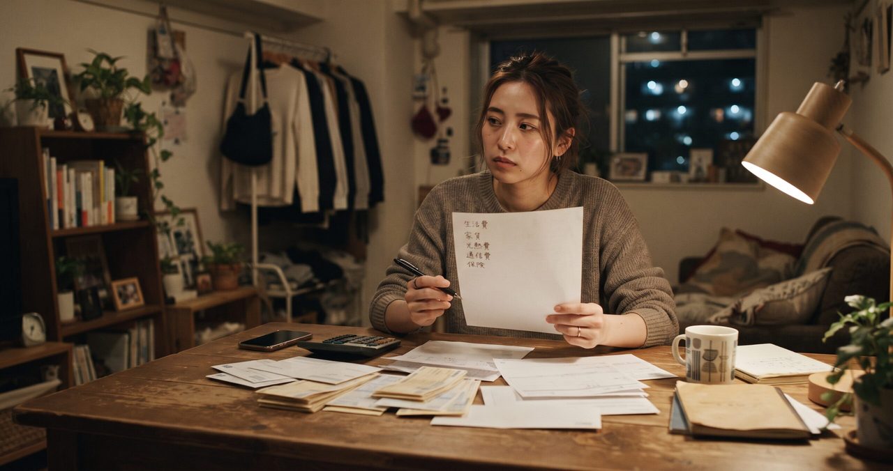 夜、女性が「生活費」「家賃」「光熱費」「通信費」「保険」と手書きされたメモを手に持ち、見直す項目を確認している様子。デスクランプの明かりの下、テーブルには電卓やスマートフォンが置かれている