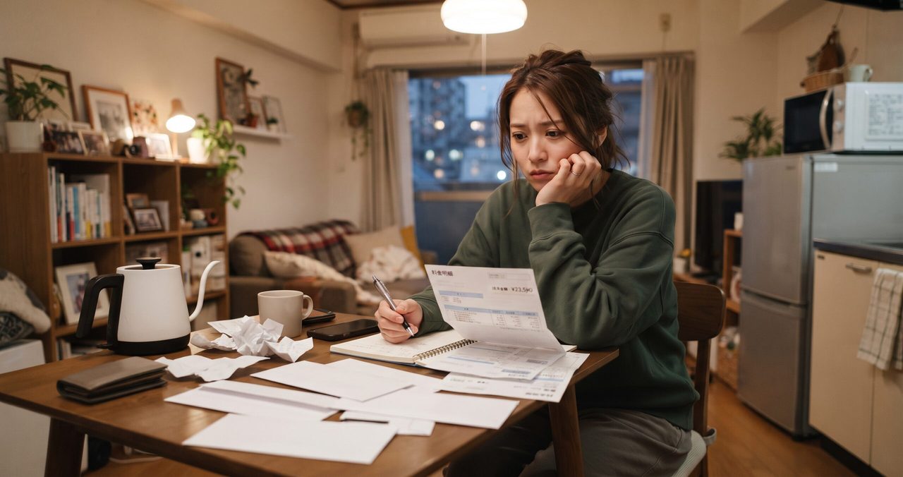 夜、女性が一人でテーブルに向かい、頬に手を当てながら金額の書かれた料金明細を見つめている様子。テーブルには丸めた紙やケトル、マグカップが置かれている