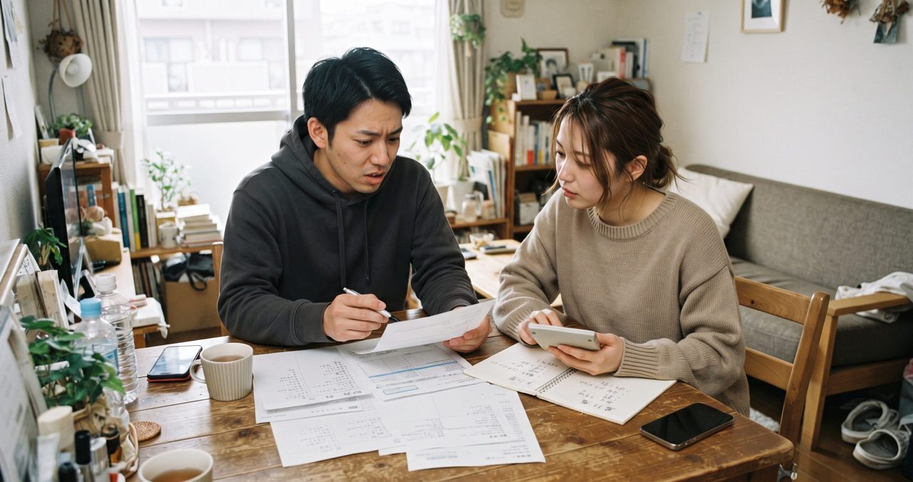 男性がペンで書類を指し示しながら、女性がスマートフォンを手に一緒に確認している様子。テーブルには請求書やノートが広げられている